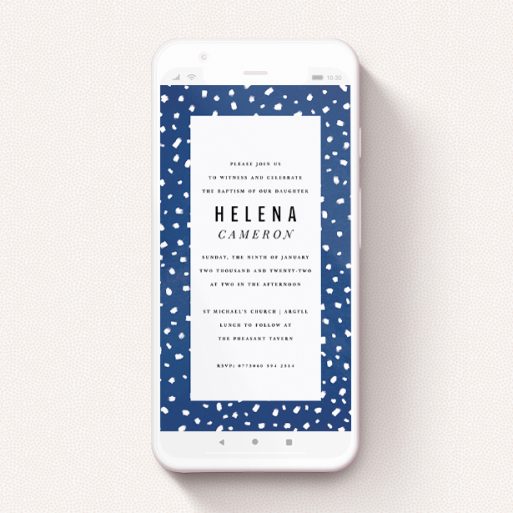 A digital christening invite named "Quick Polkadots". It is a smartphone screen sized invite in a portrait orientation. "Quick Polkadots" is available as a flat invite, with tones of blue and white.