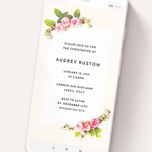 A digital christening invite named 'Rose Corners'. It is a smartphone screen sized invite in a portrait orientation. 'Rose Corners' is available as a flat invite, with tones of light pink and green.