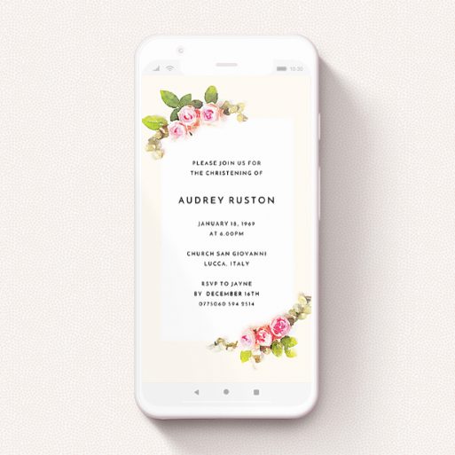 A digital christening invite named "Rose Corners". It is a smartphone screen sized invite in a portrait orientation. "Rose Corners" is available as a flat invite, with tones of light pink and green.