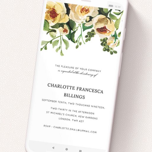 A digital christening invite named 'Roses at the Top'. It is a smartphone screen sized invite in a portrait orientation. 'Roses at the Top' is available as a flat invite, with mainly pink colouring.