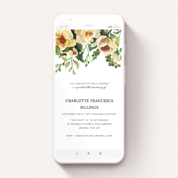 A digital christening invite named "Roses at the Top". It is a smartphone screen sized invite in a portrait orientation. "Roses at the Top" is available as a flat invite, with mainly pink colouring.