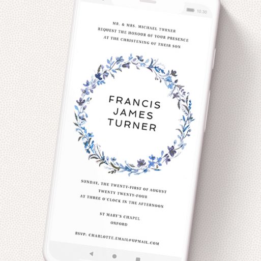 A digital christening invite design called 'Summer Blue'. It is a smartphone screen sized invite in a portrait orientation. 'Summer Blue' is available as a flat invite, with tones of light blue, purple and grey.