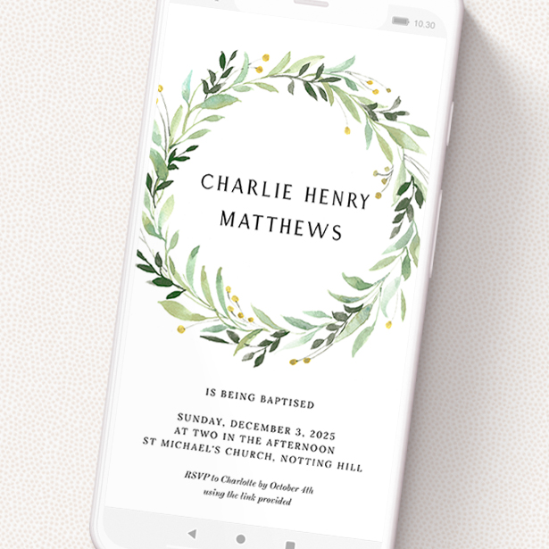 A digital christening invite template titled 'Summer Green Wreath'. It is a smartphone screen sized invite in a portrait orientation. 'Summer Green Wreath' is available as a flat invite, with tones of ice blue, light green and yellow.