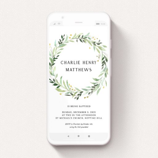 A digital christening invite template titled "Summer Green Wreath". It is a smartphone screen sized invite in a portrait orientation. "Summer Green Wreath" is available as a flat invite, with tones of ice blue, light green and yellow.