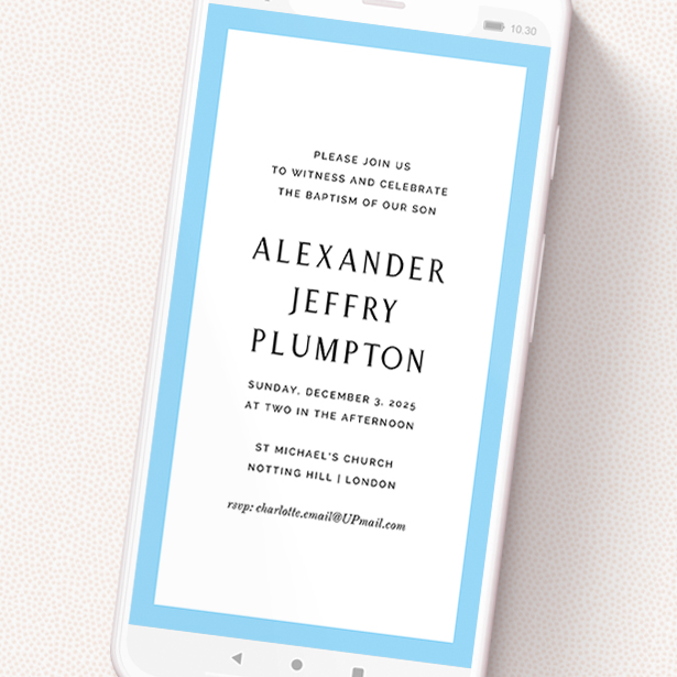 A digital christening invite template titled 'Thin Blue'. It is a smartphone screen sized invite in a portrait orientation. 'Thin Blue' is available as a flat invite, with tones of blue and white.