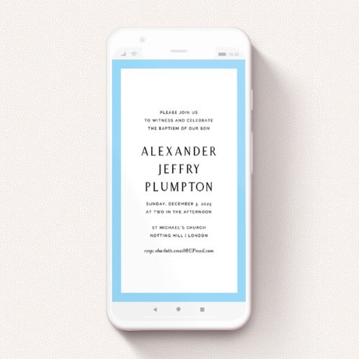 A digital christening invite template titled "Thin Blue". It is a smartphone screen sized invite in a portrait orientation. "Thin Blue" is available as a flat invite, with tones of blue and white.