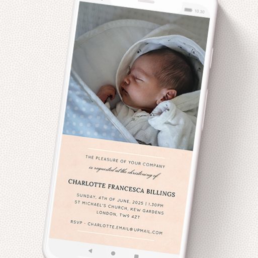 A digital christening invite named 'White on Pink'. It is a smartphone screen sized invite in a portrait orientation. It is a photographic digital christening invite with room for 1 photo. 'White on Pink' is available as a flat invite, with tones of pink and white.