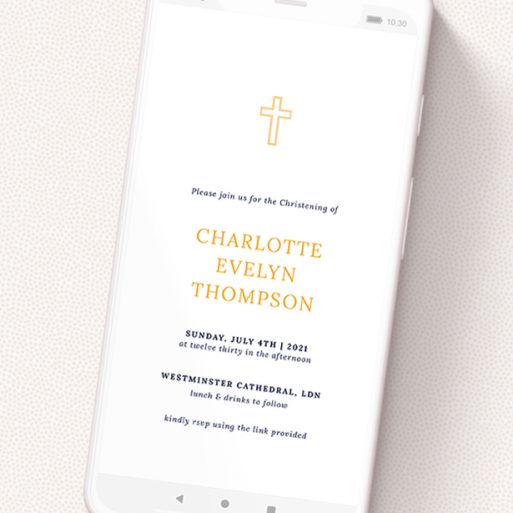 A digital christening invite design called 'Yellow Outline Cross'. It is a smartphone screen sized invite in a portrait orientation. 'Yellow Outline Cross' is available as a flat invite, with tones of white and orange.