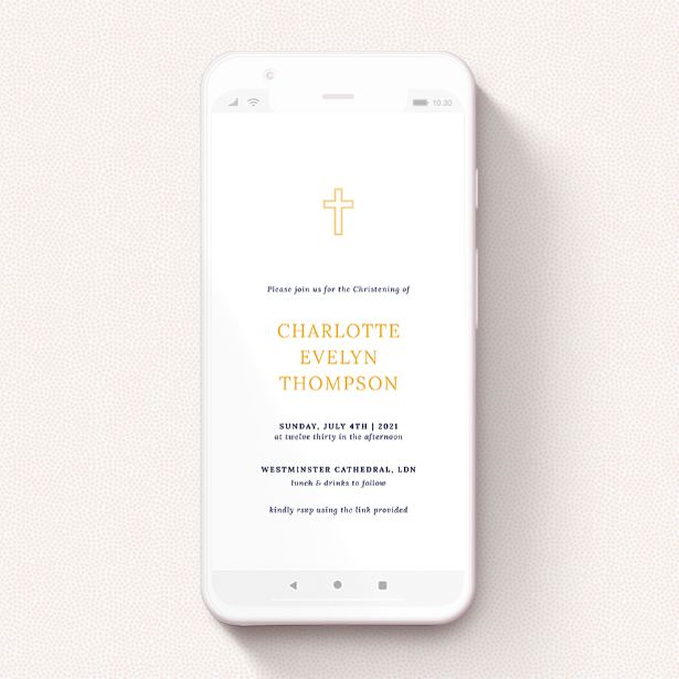 A digital christening invite design called "Yellow Outline Cross". It is a smartphone screen sized invite in a portrait orientation. "Yellow Outline Cross" is available as a flat invite, with tones of white and orange.