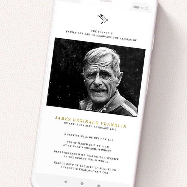 A digital funeral invite called 'Bird of Peace'. It is a smartphone screen sized invite in a portrait orientation. It is a photographic digital funeral invite with room for 1 photo. 'Bird of Peace' is available as a flat invite, with tones of white and black.