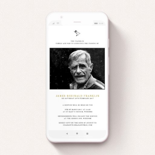 A digital funeral invite called "Bird of Peace". It is a smartphone screen sized invite in a portrait orientation. It is a photographic digital funeral invite with room for 1 photo. "Bird of Peace" is available as a flat invite, with tones of white and black.