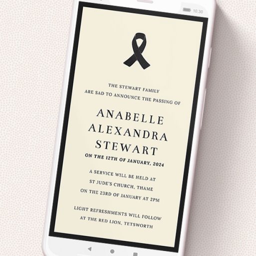 A digital funeral invite called 'Black Ribbon'. It is a smartphone screen sized invite in a portrait orientation. 'Black Ribbon' is available as a flat invite, with mainly dark cream colouring.