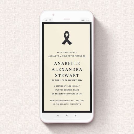 A digital funeral invite called "Black Ribbon". It is a smartphone screen sized invite in a portrait orientation. "Black Ribbon" is available as a flat invite, with mainly dark cream colouring.