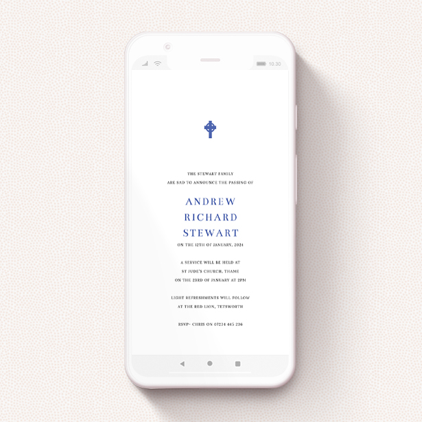A digital funeral invite called "Bold Blue Cross". It is a smartphone screen sized invite in a portrait orientation. "Bold Blue Cross" is available as a flat invite, with tones of white and blue.
