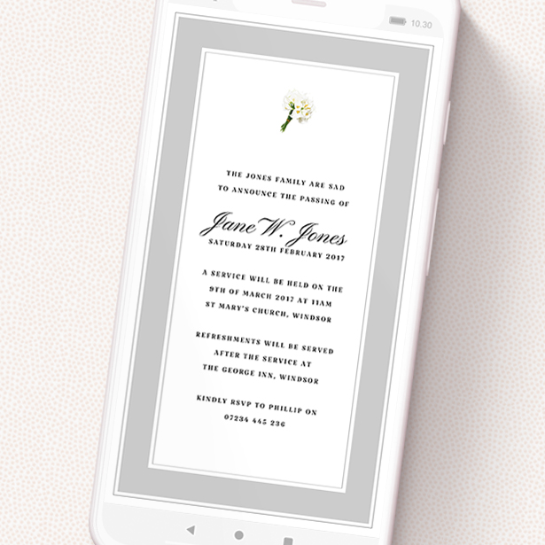A digital funeral invite design called 'Bouquet'. It is a smartphone screen sized invite in a portrait orientation. 'Bouquet' is available as a flat invite, with tones of grey and white.
