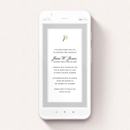 A digital funeral invite design called "Bouquet". It is a smartphone screen sized invite in a portrait orientation. "Bouquet" is available as a flat invite, with tones of grey and white.