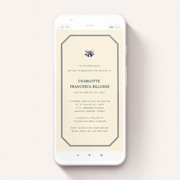 A digital funeral invite design called "Church Bells". It is a smartphone screen sized invite in a portrait orientation. "Church Bells" is available as a flat invite, with mainly dark cream colouring.