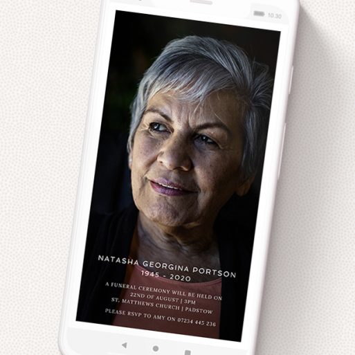 A digital funeral invite design called 'Classic Portrait'. It is a smartphone screen sized invite in a portrait orientation. It is a photographic digital funeral invite with room for 1 photo. 'Classic Portrait' is available as a flat invite, with mainly white colouring.