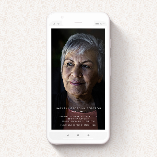 A digital funeral invite design called "Classic Portrait". It is a smartphone screen sized invite in a portrait orientation. It is a photographic digital funeral invite with room for 1 photo. "Classic Portrait" is available as a flat invite, with mainly white colouring.