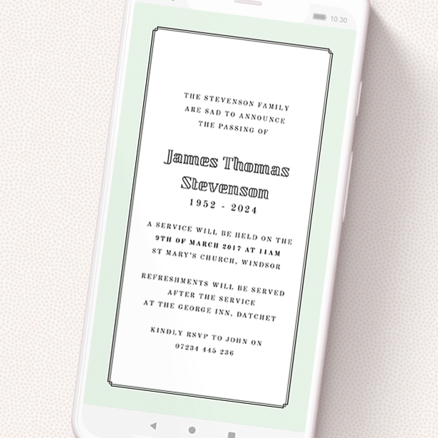 A digital funeral invite design called 'Deco Mint'. It is a smartphone screen sized invite in a portrait orientation. 'Deco Mint' is available as a flat invite, with tones of green and white.