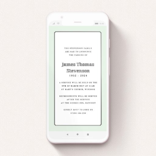 A digital funeral invite design called "Deco Mint". It is a smartphone screen sized invite in a portrait orientation. "Deco Mint" is available as a flat invite, with tones of green and white.