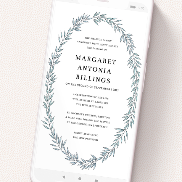 A digital funeral invite called 'Ice Blue Wreath'. It is a smartphone screen sized invite in a portrait orientation. 'Ice Blue Wreath' is available as a flat invite, with tones of blue and white.