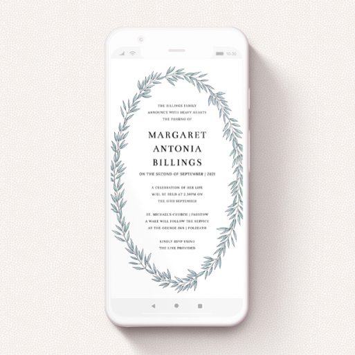 A digital funeral invite called "Ice Blue Wreath". It is a smartphone screen sized invite in a portrait orientation. "Ice Blue Wreath" is available as a flat invite, with tones of blue and white.