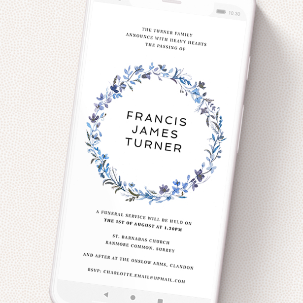 A digital funeral invite design called 'Midsummer Blue'. It is a smartphone screen sized invite in a portrait orientation. 'Midsummer Blue' is available as a flat invite, with tones of light blue, purple and grey.