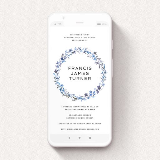 A digital funeral invite design called "Midsummer Blue". It is a smartphone screen sized invite in a portrait orientation. "Midsummer Blue" is available as a flat invite, with tones of light blue, purple and grey.