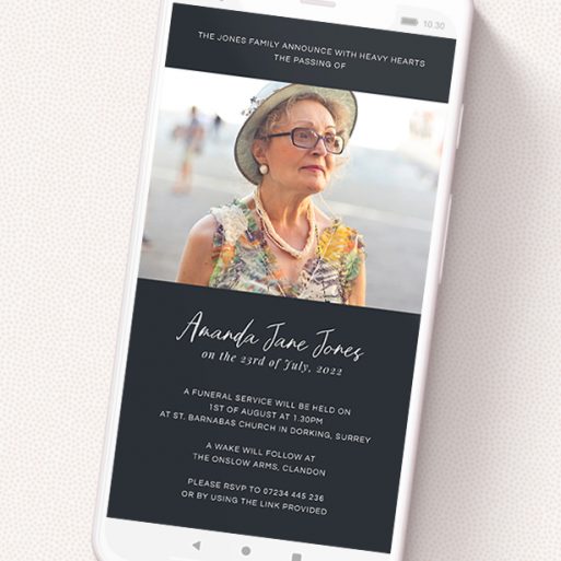 A digital funeral invite design called 'Moody Blue'. It is a smartphone screen sized invite in a portrait orientation. It is a photographic digital funeral invite with room for 1 photo. 'Moody Blue' is available as a flat invite, with tones of blue and white.