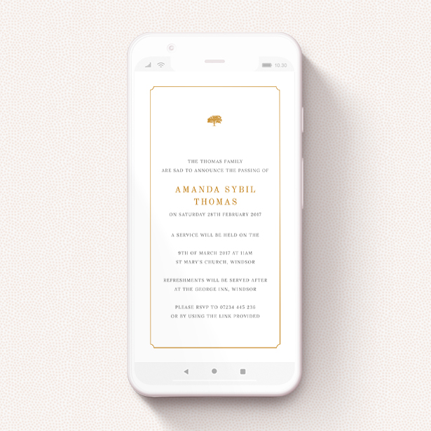 A digital funeral invite design called "Oak Header". It is a smartphone screen sized invite in a portrait orientation. "Oak Header" is available as a flat invite, with tones of white and orange.