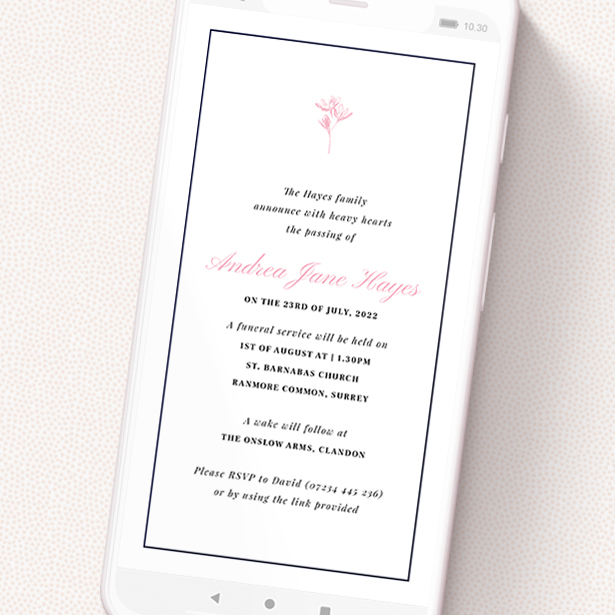 A digital funeral invite called 'Pink Daisy'. It is a smartphone screen sized invite in a portrait orientation. 'Pink Daisy' is available as a flat invite, with tones of white and pink.