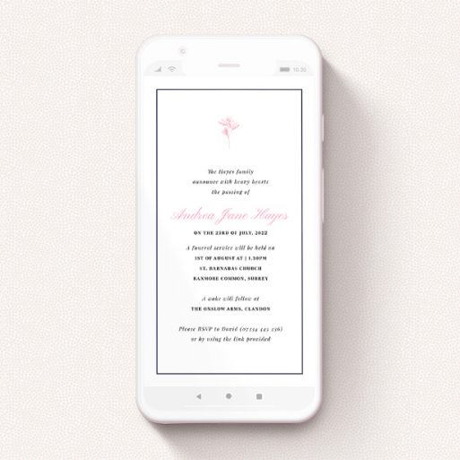 A digital funeral invite called "Pink Daisy". It is a smartphone screen sized invite in a portrait orientation. "Pink Daisy" is available as a flat invite, with tones of white and pink.