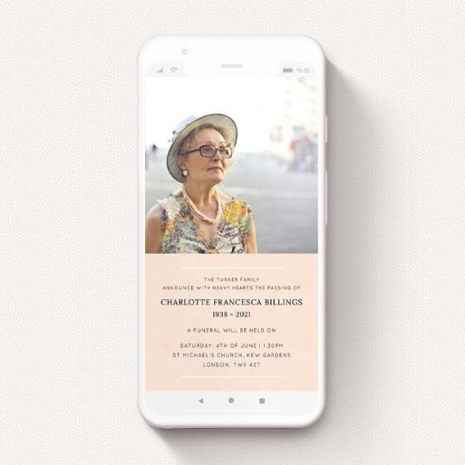 A digital funeral invite called "Pink Half". It is a smartphone screen sized invite in a portrait orientation. It is a photographic digital funeral invite with room for 1 photo. "Pink Half" is available as a flat invite, with mainly pink colouring.