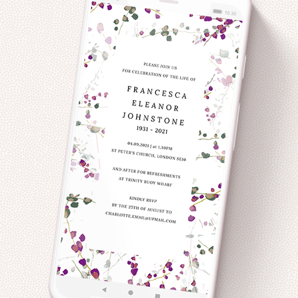 A digital funeral invite called 'Purple Lupine'. It is a smartphone screen sized invite in a portrait orientation. 'Purple Lupine' is available as a flat invite, with tones of purple, pink and dark green.
