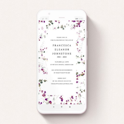 A digital funeral invite called "Purple Lupine". It is a smartphone screen sized invite in a portrait orientation. "Purple Lupine" is available as a flat invite, with tones of purple, pink and dark green.
