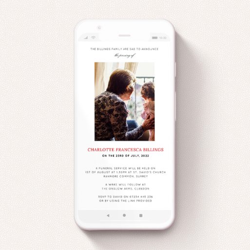 A digital funeral invite design called "Simple rectangle". It is a smartphone screen sized invite in a portrait orientation. It is a photographic digital funeral invite with room for 1 photo. "Simple rectangle" is available as a flat invite, with tones of white and red.