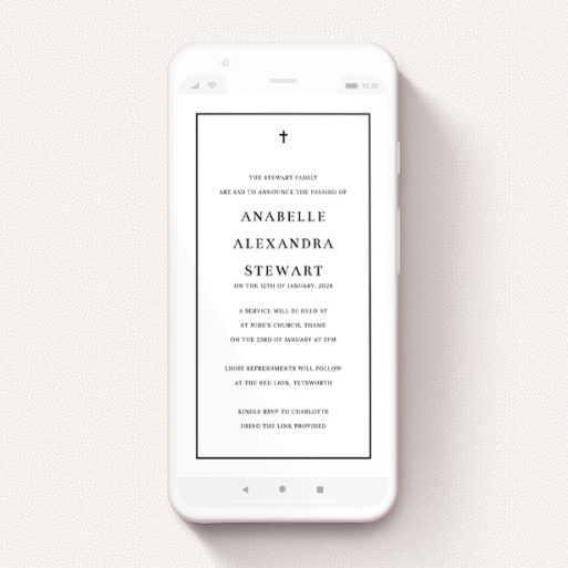 A digital funeral invite design called "Simple". It is a smartphone screen sized invite in a portrait orientation. "Simple" is available as a flat invite, with tones of white and black.