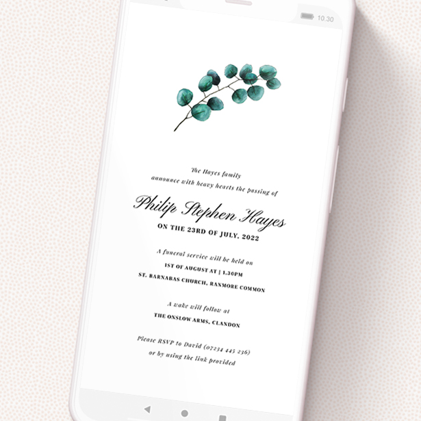 A digital funeral invite design called 'Single Eucalyptus'. It is a smartphone screen sized invite in a portrait orientation. 'Single Eucalyptus' is available as a flat invite, with tones of white and green.
