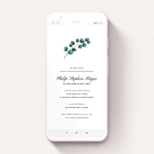 A digital funeral invite design called "Single Eucalyptus". It is a smartphone screen sized invite in a portrait orientation. "Single Eucalyptus" is available as a flat invite, with tones of white and green.