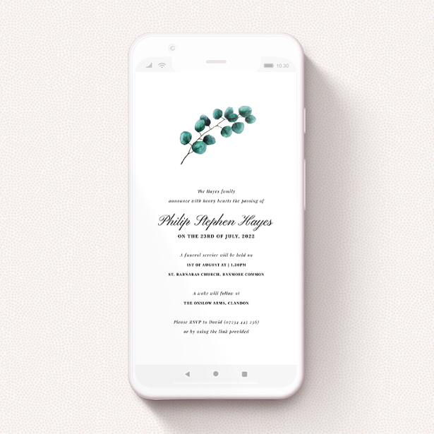A digital funeral invite design called "Single Eucalyptus". It is a smartphone screen sized invite in a portrait orientation. "Single Eucalyptus" is available as a flat invite, with tones of white and green.