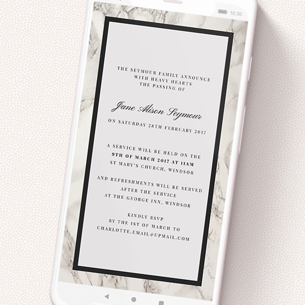 A digital funeral invite called 'Solid Marble'. It is a smartphone screen sized invite in a portrait orientation. 'Solid Marble' is available as a flat invite, with tones of grey and black.