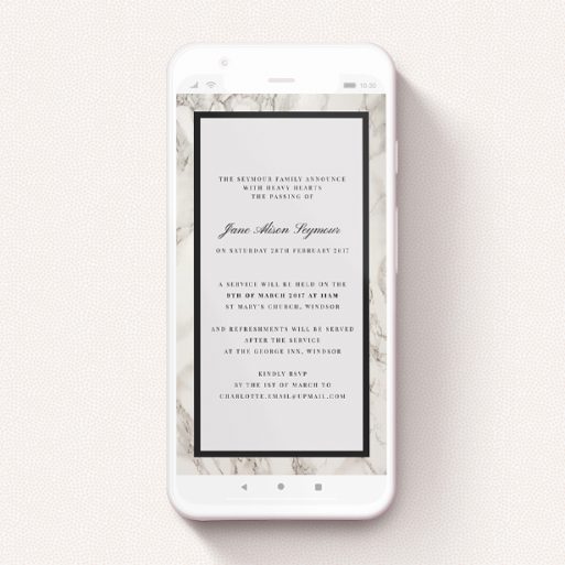 A digital funeral invite called "Solid Marble". It is a smartphone screen sized invite in a portrait orientation. "Solid Marble" is available as a flat invite, with tones of grey and black.