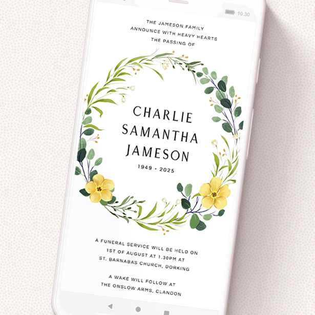A digital funeral invite called 'Spring Wreath'. It is a smartphone screen sized invite in a portrait orientation. 'Spring Wreath' is available as a flat invite, with tones of light green, dark green and yellow.