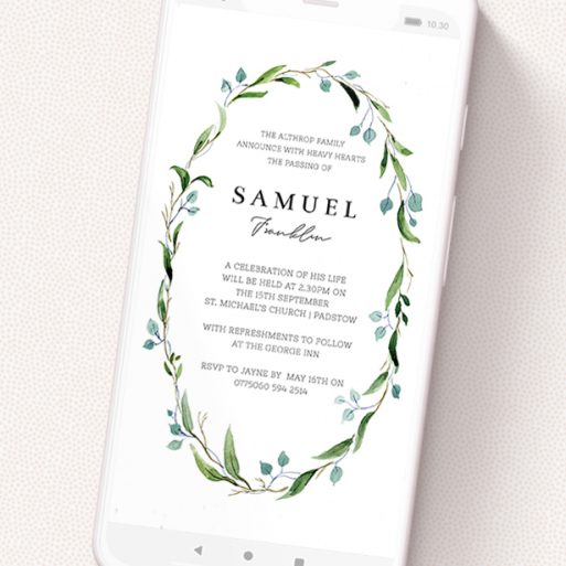 A digital funeral invite called 'Thin Watercolour Wreath'. It is a smartphone screen sized invite in a portrait orientation. 'Thin Watercolour Wreath' is available as a flat invite, with tones of light green and light blue.