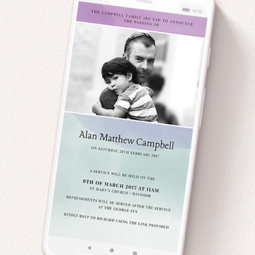 A digital funeral invite called 'Watercolour Backing'. It is a smartphone screen sized invite in a portrait orientation. It is a photographic digital funeral invite with room for 1 photo. 'Watercolour Backing' is available as a flat invite, with tones of blue, green and purple.