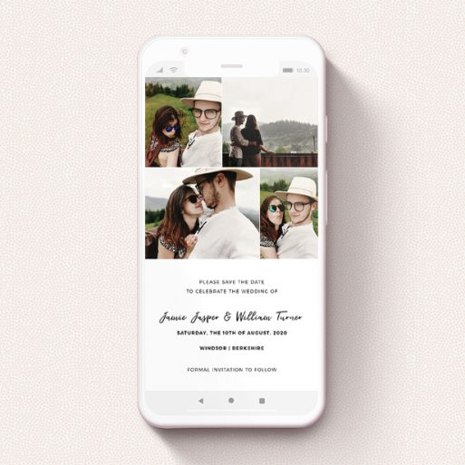 A digital save the date design called "All on top". It is a smartphone screen sized save the date in a portrait orientation. It is a photographic digital save the date with room for 4 photos. "All on top" is available as a flat save the date, with mainly white colouring.
