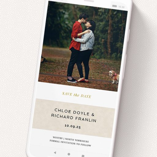 A digital save the date template titled 'Banded'. It is a smartphone screen sized save the date in a portrait orientation. It is a photographic digital save the date with room for 1 photo. 'Banded' is available as a flat save the date, with mainly dark cream colouring.