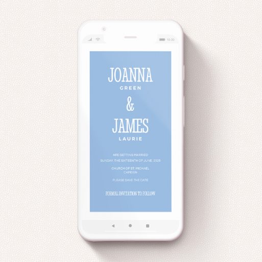 A digital save the date template titled "Bold border". It is a smartphone screen sized save the date in a portrait orientation. "Bold border" is available as a flat save the date, with tones of blue and white.