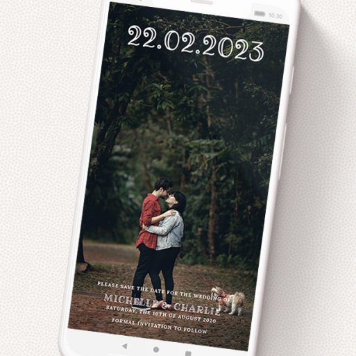 A digital save the date named 'Bristolian'. It is a smartphone screen sized save the date in a portrait orientation. It is a photographic digital save the date with room for 1 photo. 'Bristolian' is available as a flat save the date, with mainly white colouring.